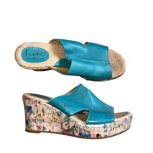 Born Keelia Turquoise Leather Floral Print Wedge Sandals Women’s Size 8/39